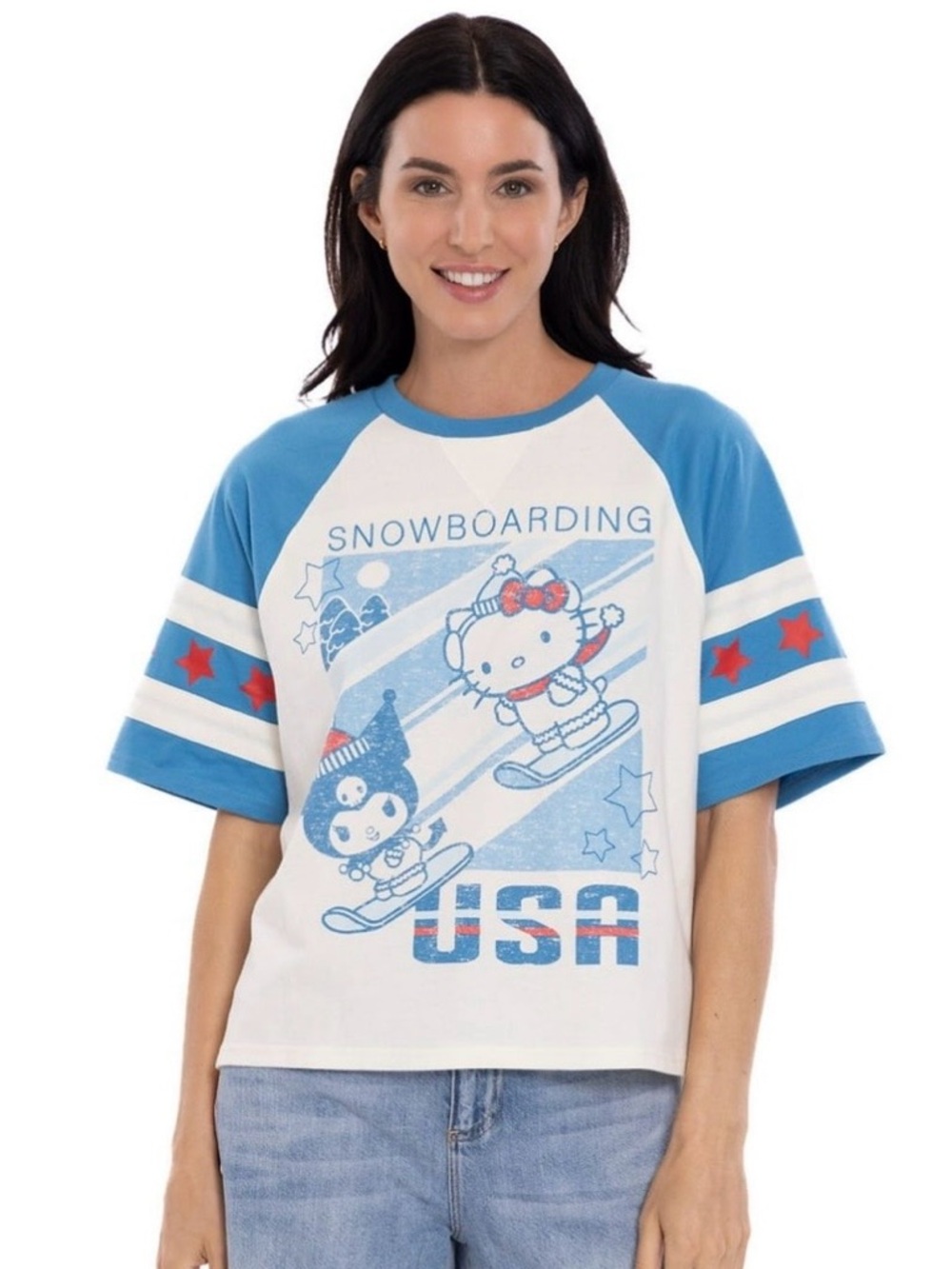 Title:
Hello Kitty Sanrio USA Snowboarding Raglan Tee Red White and Blue graphic